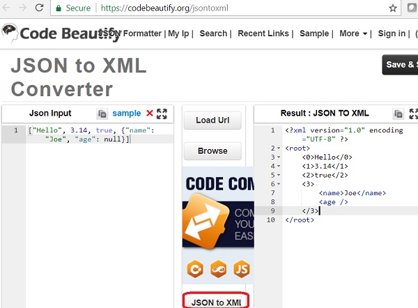 JSON to XML Conversion: codebeautify.com