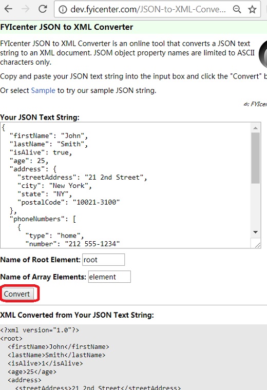JSON to XML Conversion: fyicenter.com