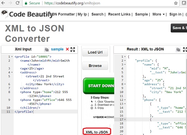 XML to JSON Conversion: codebeautify.com