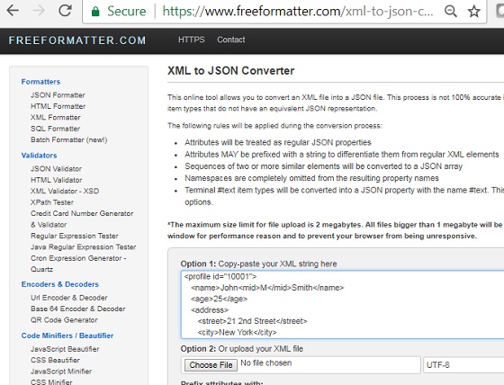 XML to JSON Conversion: freeformatter.com